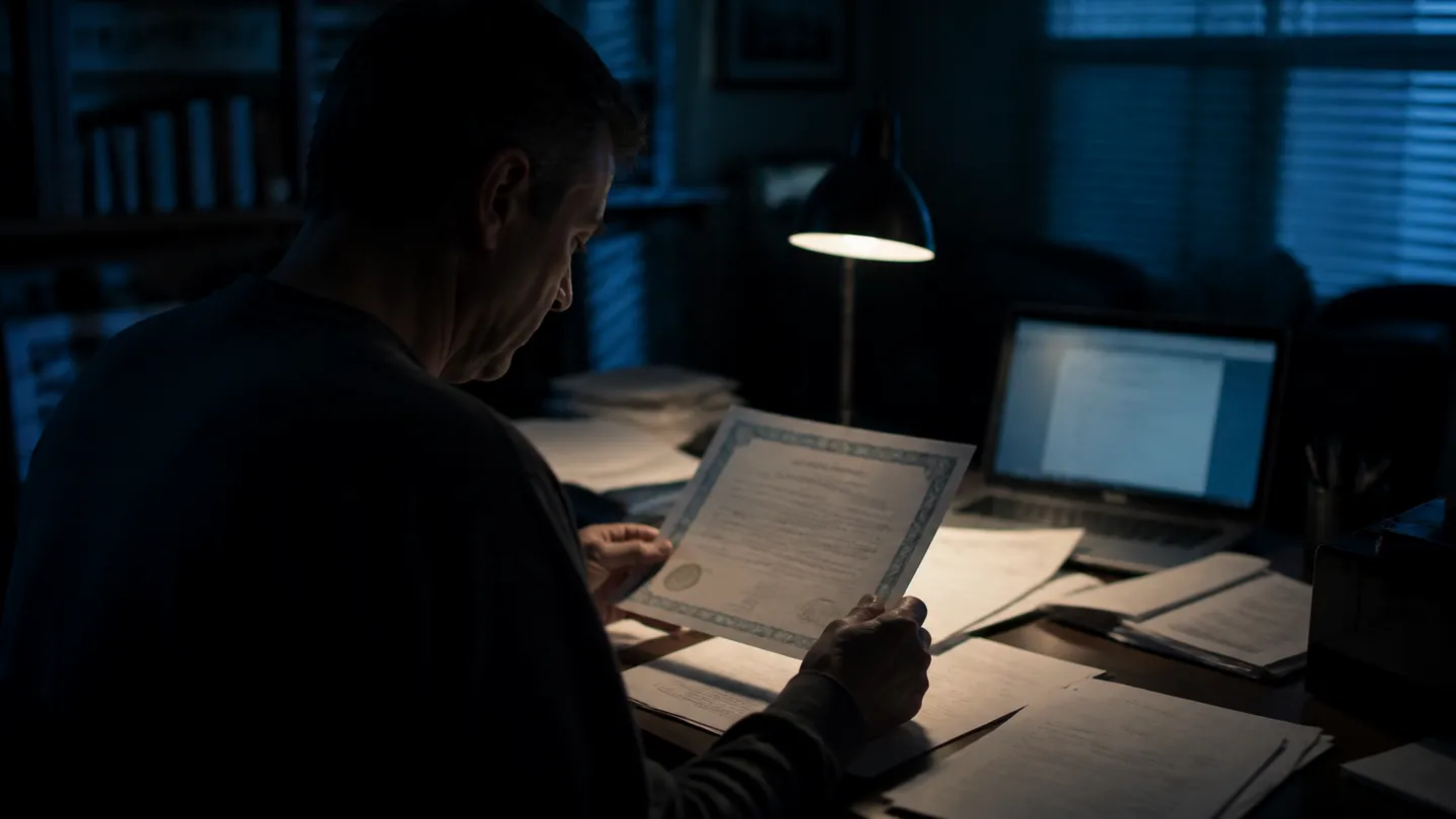 A person scrutinizing a birth certificate in a dimly lit home office, reflecting the risks of purchasing counterfeit documents.
