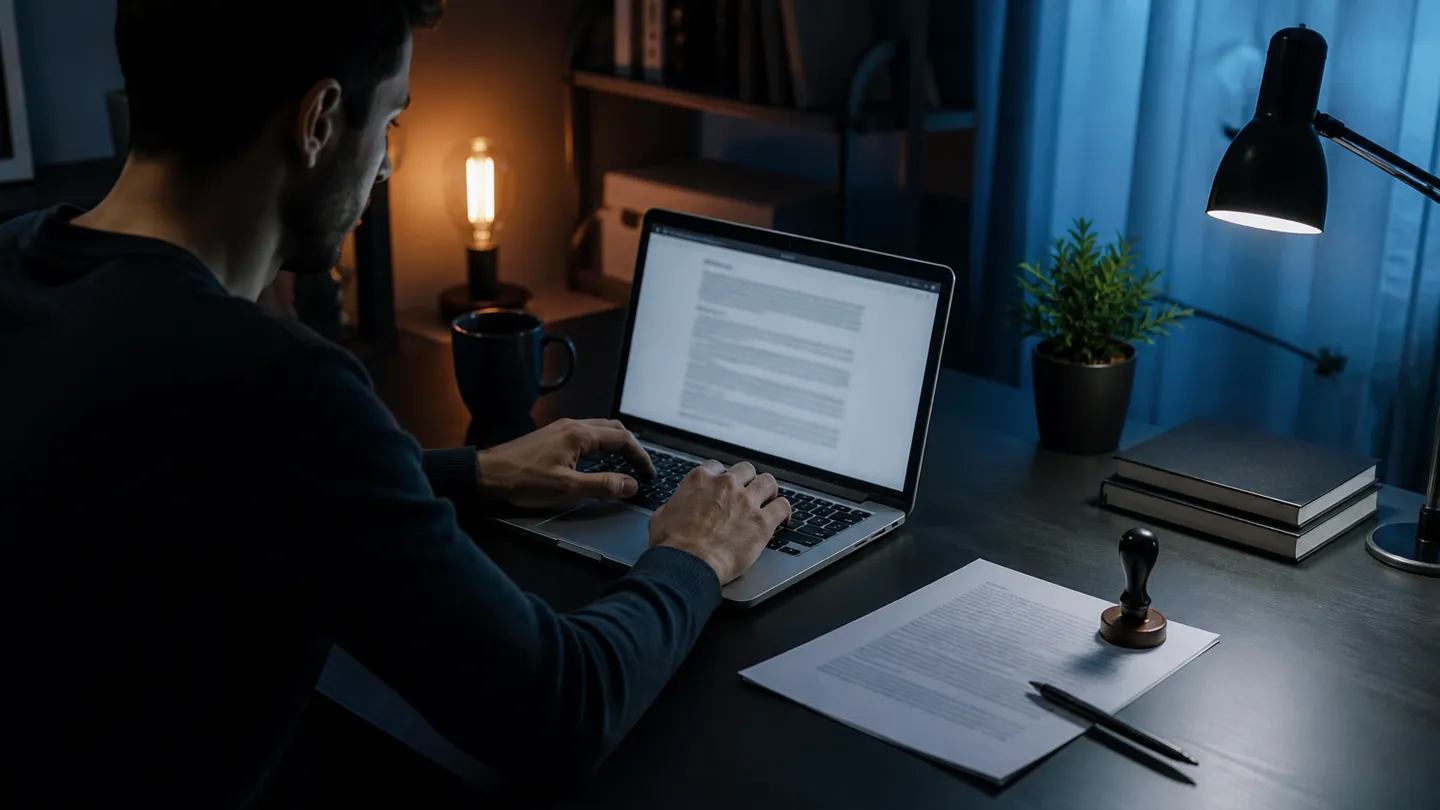 A person customizing legal documents on a laptop in a cozy home office, highlighting the online document process.