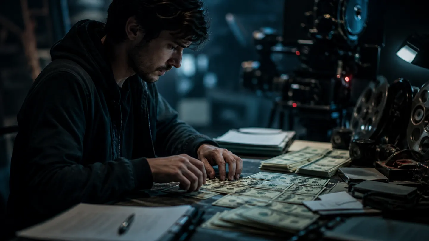 A filmmaker organizes realistic prop money amidst film production tools, illustrating the article's focus on authenticity in prop currency.