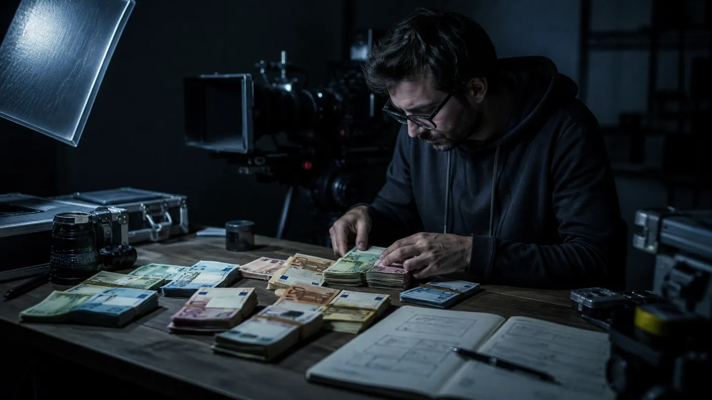 A filmmaker arranging realistic Euro prop money with film tools in a moody setting.