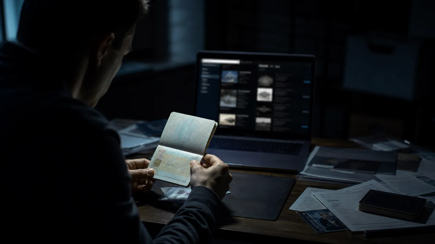 A person scrutinizing a counterfeit passport, reflecting the risks of dark web purchases.