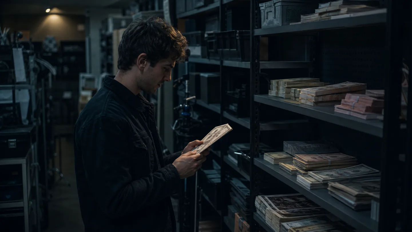 A person examining a variety of prop money in a local store setting, showcasing available options.